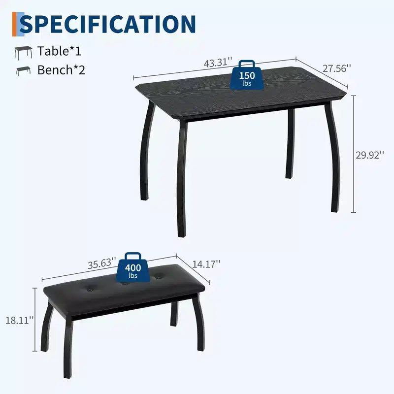 Set da Pranzo 3 Pezzi con 2 Panche, Colore Nero / Grigio / Retro, 4 Posti a Sedere