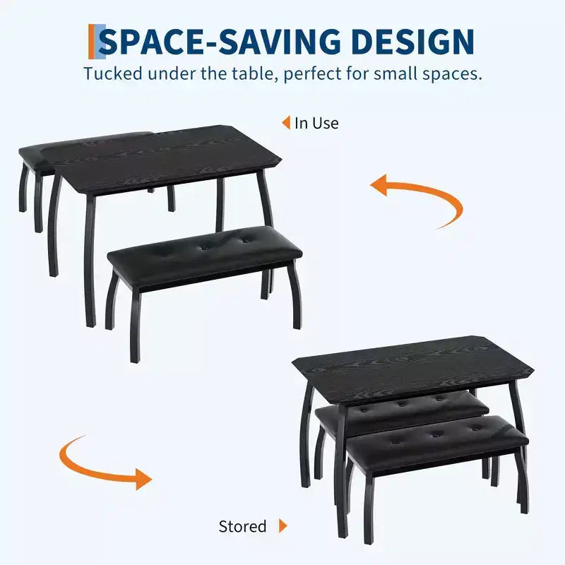 Set da Pranzo 3 Pezzi con 2 Panche, Colore Nero / Grigio / Retro, 4 Posti a Sedere