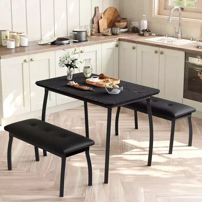 Set da Pranzo 3 Pezzi con 2 Panche, Colore Nero / Grigio / Retro, 4 Posti a Sedere
