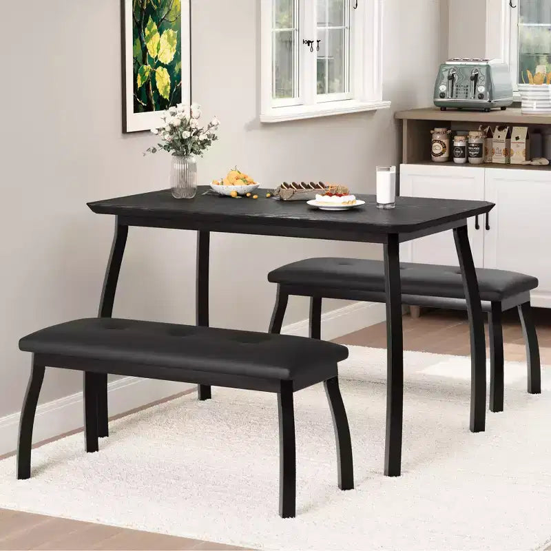 Set da Pranzo 3 Pezzi con 2 Panche, Colore Nero / Grigio / Retro, 4 Posti a Sedere
