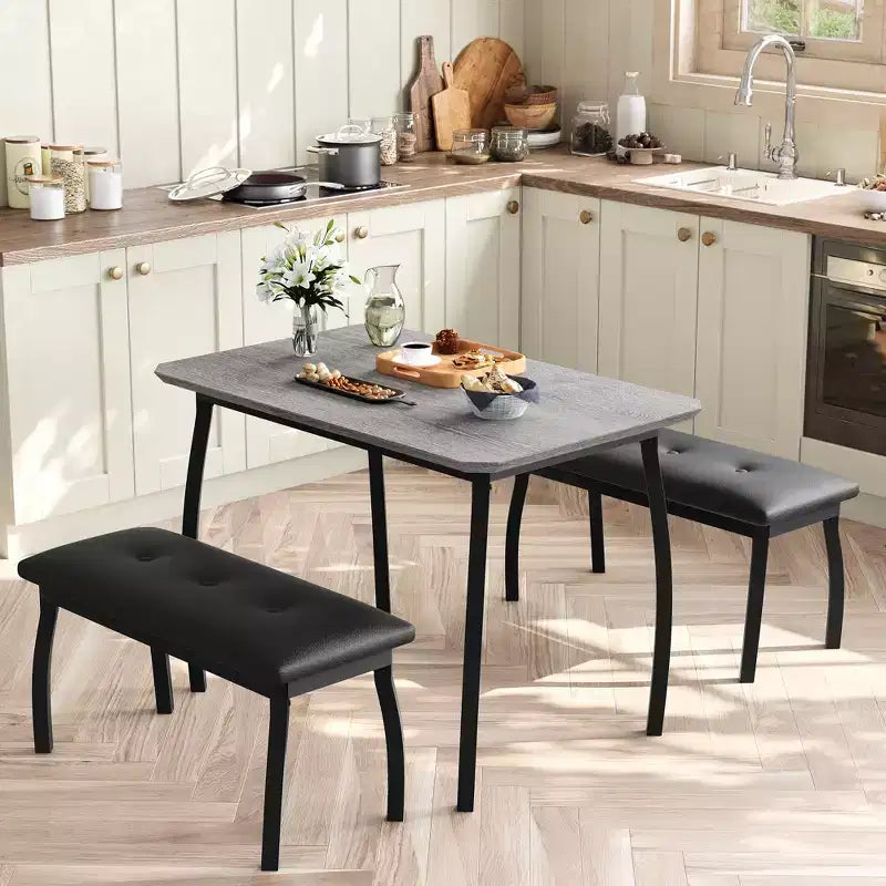Set da Pranzo 3 Pezzi con 2 Panche, Colore Nero / Grigio / Retro, 4 Posti a Sedere