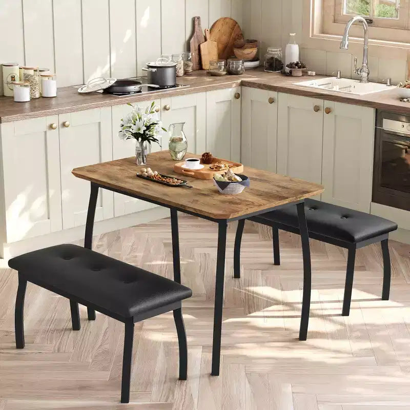 Set da Pranzo 3 Pezzi con 2 Panche, Colore Nero / Grigio / Retro, 4 Posti a Sedere