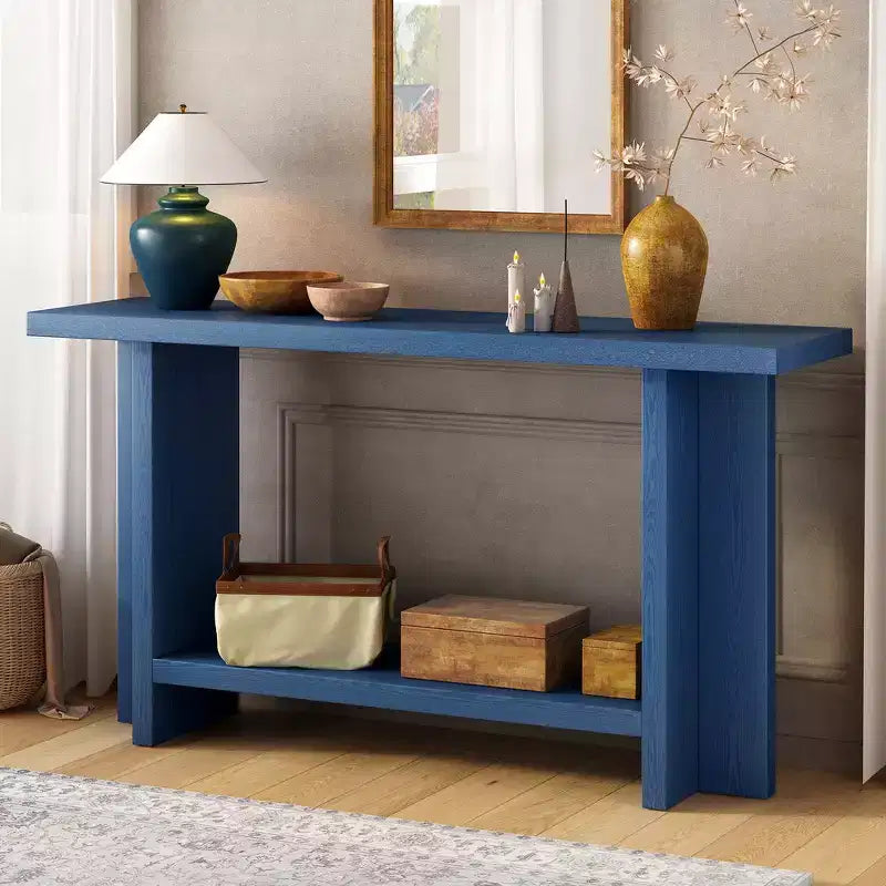 Tavolino console vintage Natural / Blu Navy a gamba singola per 1 persona