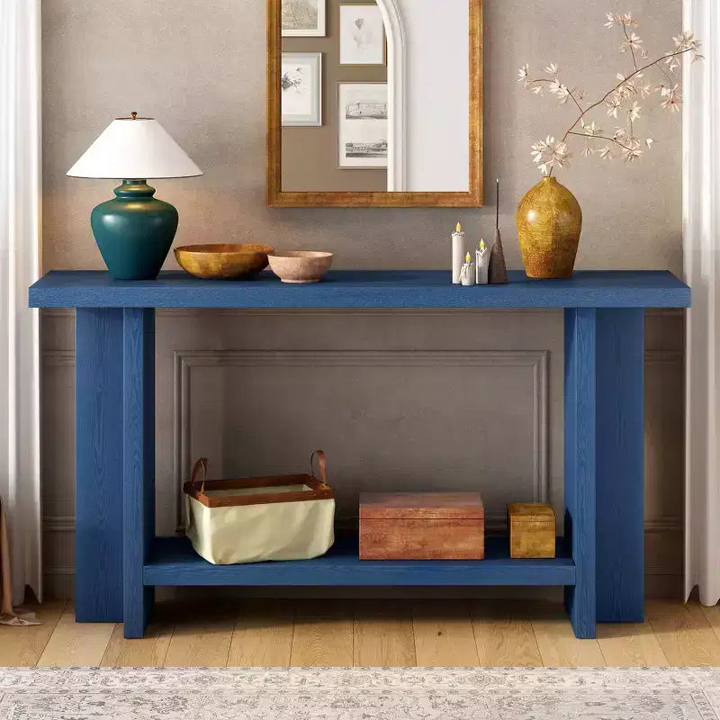 Tavolino console vintage Natural / Blu Navy a gamba singola per 1 persona