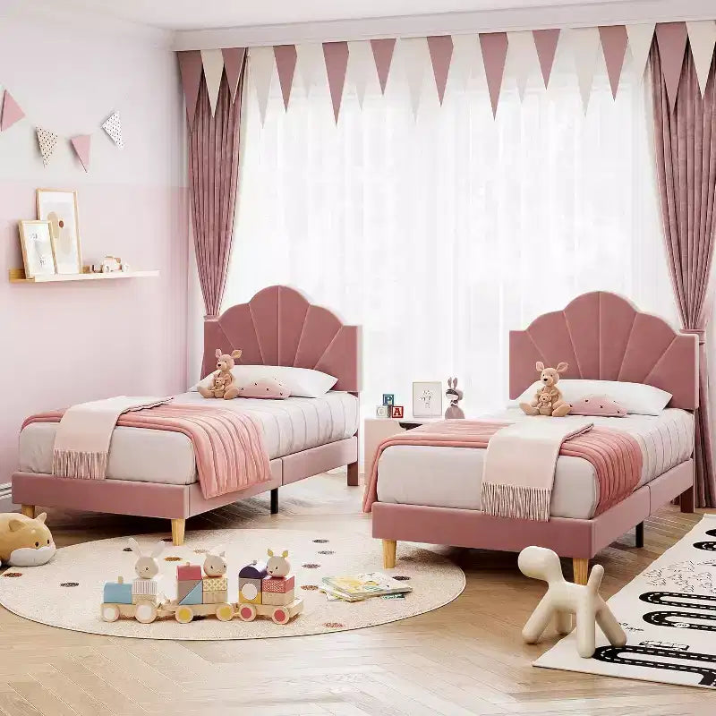 Struttura Letto Imbottita in Velluto Blu/Rosa, Testiera Regolabile, Nessuna Necessità di Rete a Molle – Singolo / Singolo XL, 1 Persona