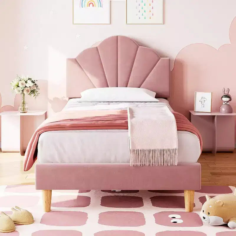 Struttura Letto Imbottita in Velluto Blu/Rosa, Testiera Regolabile, Nessuna Necessità di Rete a Molle – Singolo / Singolo XL, 1 Persona