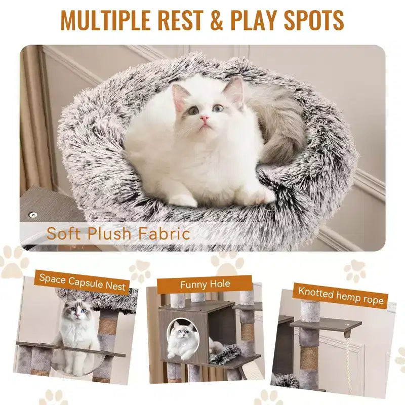 Tiragraffi multilivello grigio con recinto per lettiera, 165 cm di altezza, 1 gatto