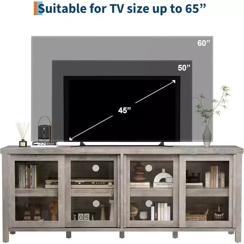 Mobile TV Moderno di Metà Secolo Retrò Grigio/Nero con 4 Ante Scorrevoli in Vetro, Adatto a TV fino a 65"