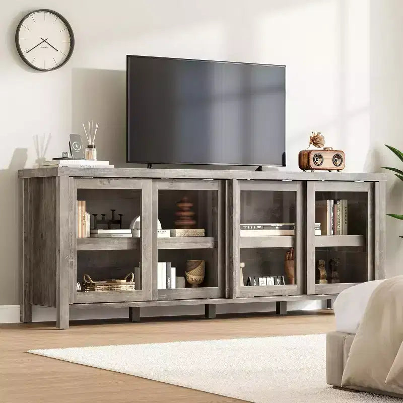 Mobile TV Moderno di Metà Secolo Retrò Grigio/Nero con 4 Ante Scorrevoli in Vetro, Adatto a TV fino a 65"