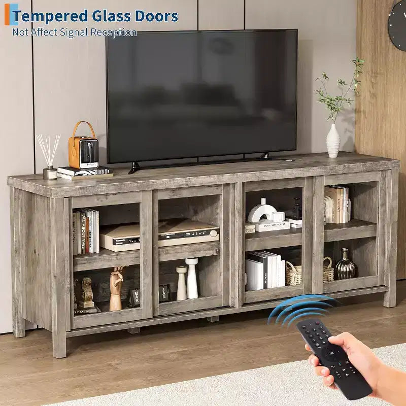 Mobile TV Moderno di Metà Secolo Retrò Grigio/Nero con 4 Ante Scorrevoli in Vetro, Adatto a TV fino a 65"