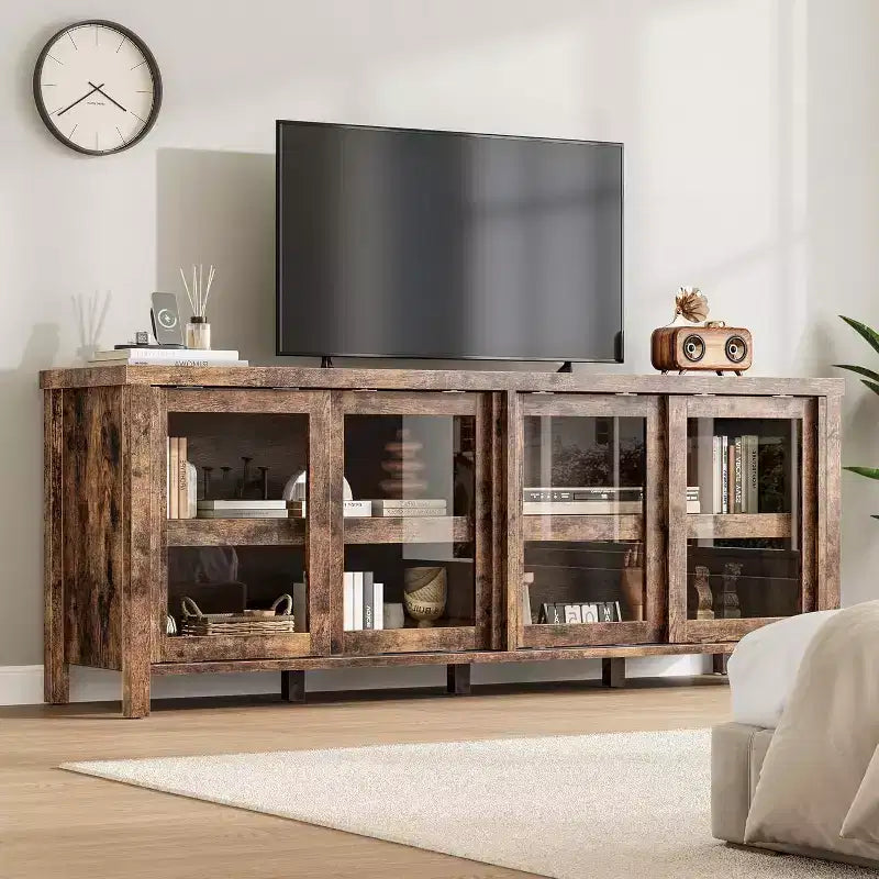 Mobile TV Moderno di Metà Secolo Retrò Grigio/Nero con 4 Ante Scorrevoli in Vetro, Adatto a TV fino a 65"