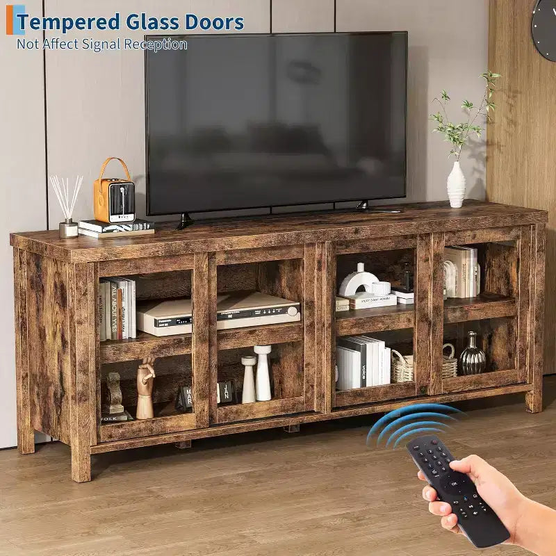 Mobile TV Moderno di Metà Secolo Retrò Grigio/Nero con 4 Ante Scorrevoli in Vetro, Adatto a TV fino a 65"