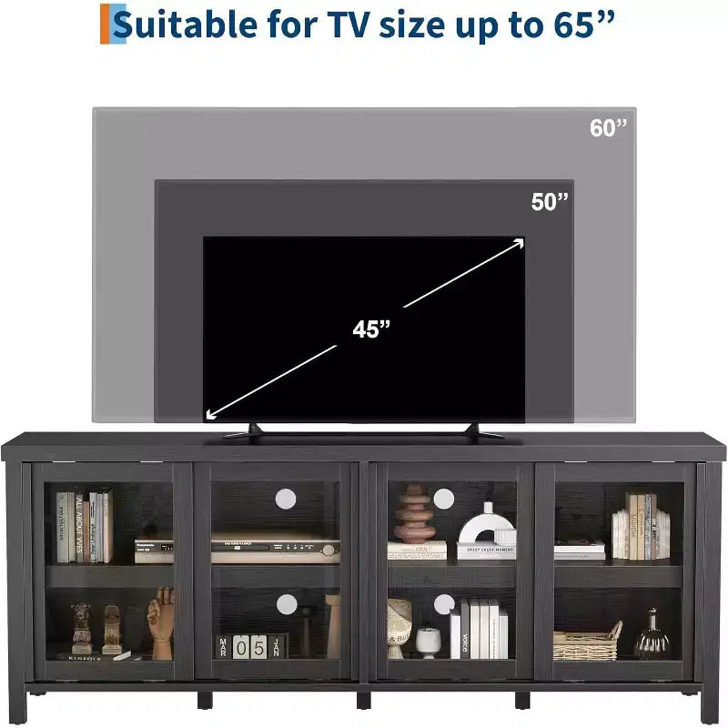 Mobile TV Moderno di Metà Secolo Retrò Grigio/Nero con 4 Ante Scorrevoli in Vetro, Adatto a TV fino a 65"