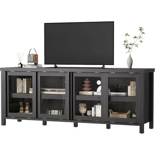65 Inch TV Stand, Entertainment Center with Storage and 4 Sliding Glass Doors, Mid-Century Modern Media TV Console Table for Living Room