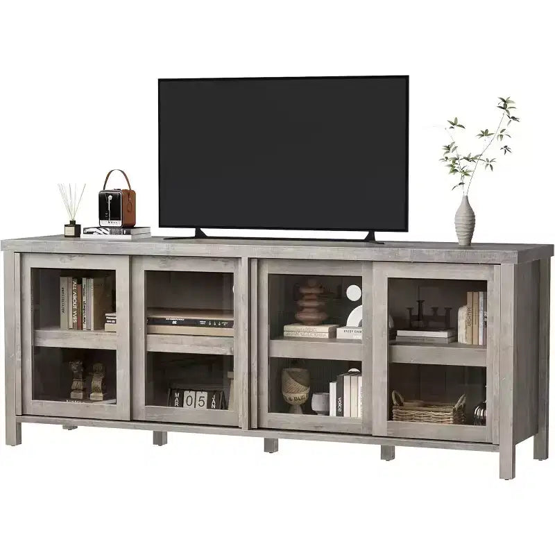 Mobile TV Moderno di Metà Secolo Retrò Grigio/Nero con 4 Ante Scorrevoli in Vetro, Adatto a TV fino a 65"