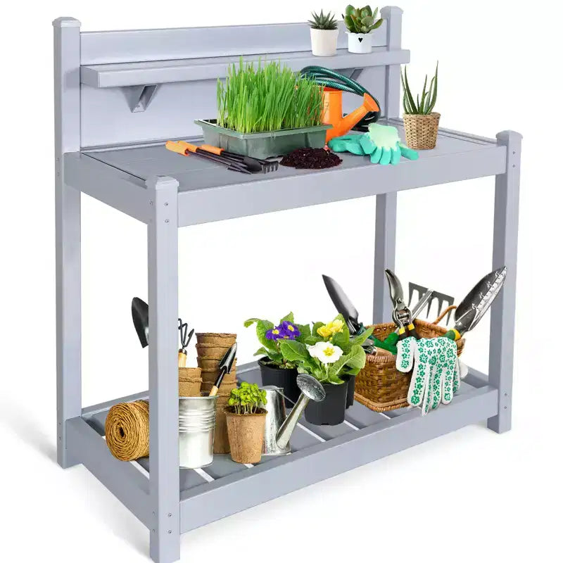 Banco da giardinaggio in vinile grigio con ripiano aperto e vano inferiore, 1 persona