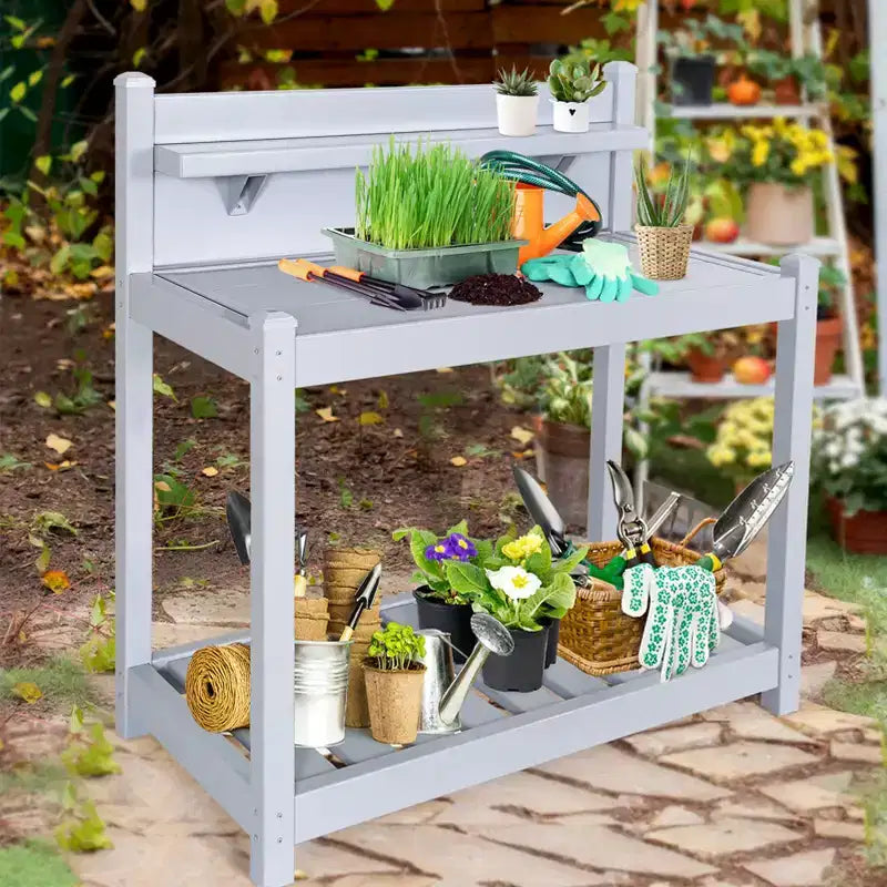 Banco da giardinaggio in vinile grigio con ripiano aperto e vano inferiore, 1 persona