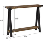 Tavolo Consolle Stretto a 2 Ripiani Marrone/Grigio, Stile Rustico, Struttura in Metallo e MDF