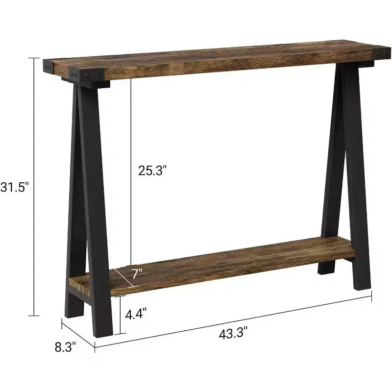 Tavolo Consolle Stretto a 2 Ripiani Marrone/Grigio, Stile Rustico, Struttura in Metallo e MDF