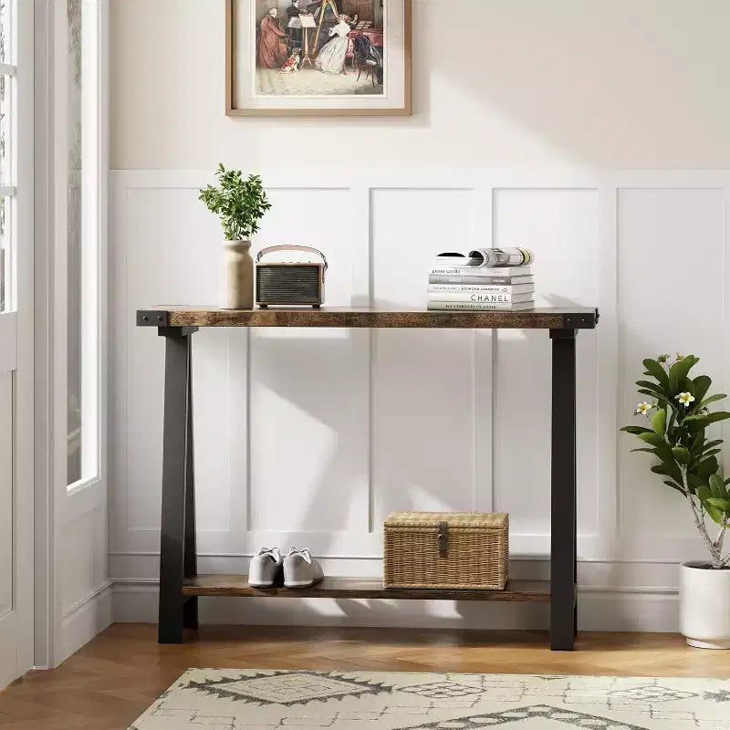 Tavolo Consolle Stretto a 2 Ripiani Marrone/Grigio, Stile Rustico, Struttura in Metallo e MDF