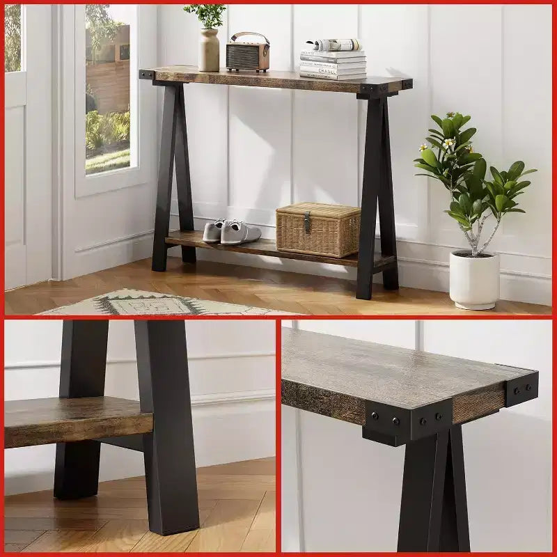 Tavolo Consolle Stretto a 2 Ripiani Marrone/Grigio, Stile Rustico, Struttura in Metallo e MDF