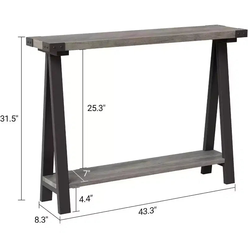 Tavolo Consolle Stretto a 2 Ripiani Marrone/Grigio, Stile Rustico, Struttura in Metallo e MDF