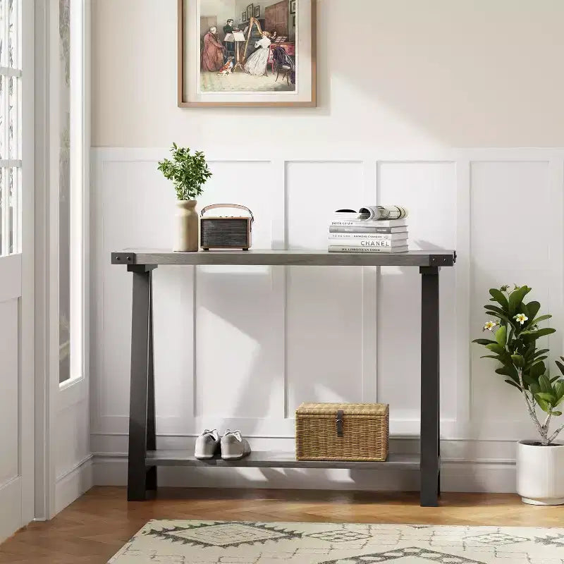 Tavolo Consolle Stretto a 2 Ripiani Marrone/Grigio, Stile Rustico, Struttura in Metallo e MDF