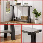 Tavolo Consolle Stretto a 2 Ripiani Marrone/Grigio, Stile Rustico, Struttura in Metallo e MDF
