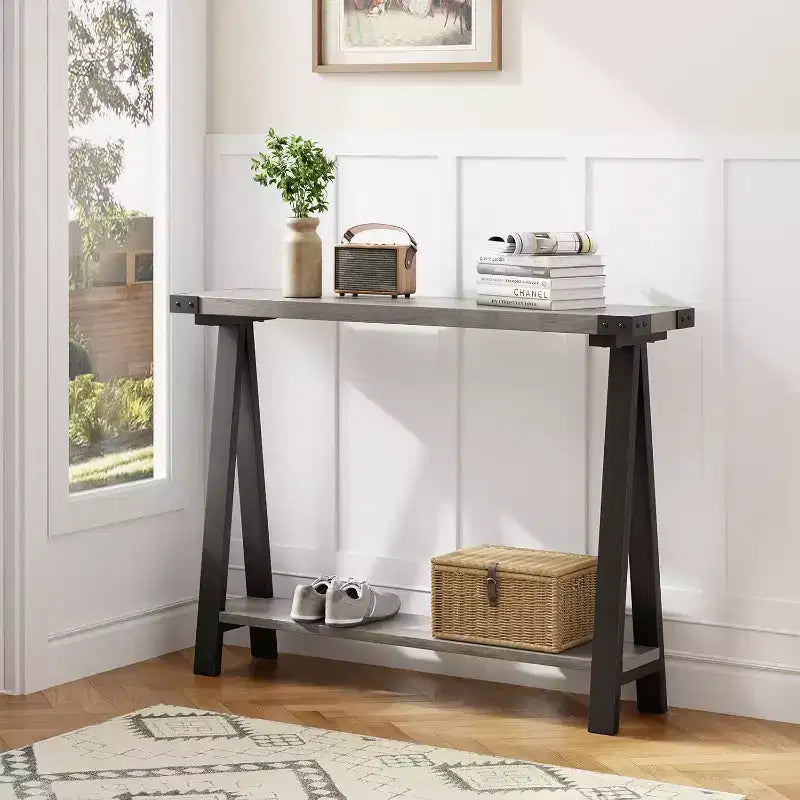 Tavolo Consolle Stretto a 2 Ripiani Marrone/Grigio, Stile Rustico, Struttura in Metallo e MDF