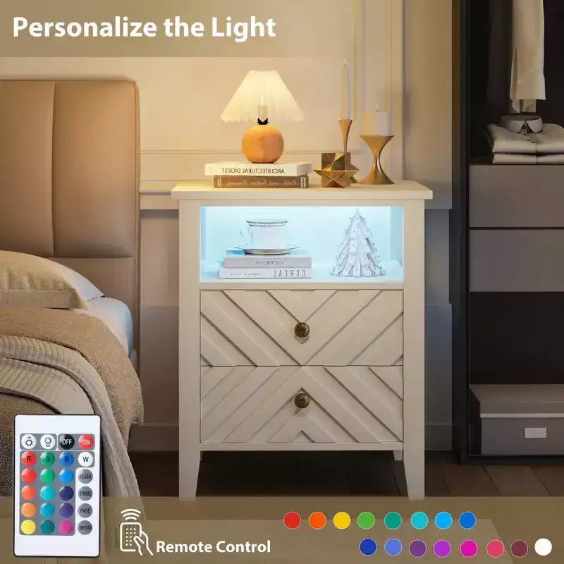 Comodino da Fattoria Marrone/Bianco con LED RGB, 2 Cassetti e Ripiano Aperto, 1 Persona