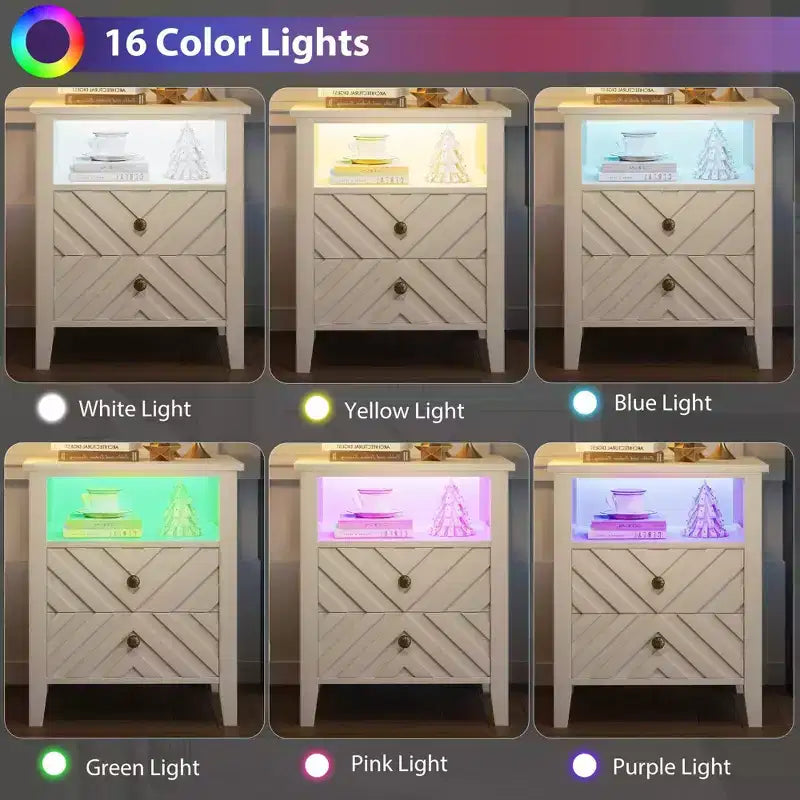 Comodino da Fattoria Marrone/Bianco con LED RGB, 2 Cassetti e Ripiano Aperto, 1 Persona