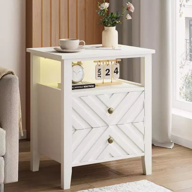 Comodino da Fattoria Marrone/Bianco con LED RGB, 2 Cassetti e Ripiano Aperto, 1 Persona