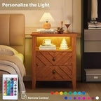 Comodino da Fattoria Marrone/Bianco con LED RGB, 2 Cassetti e Ripiano Aperto, 1 Persona