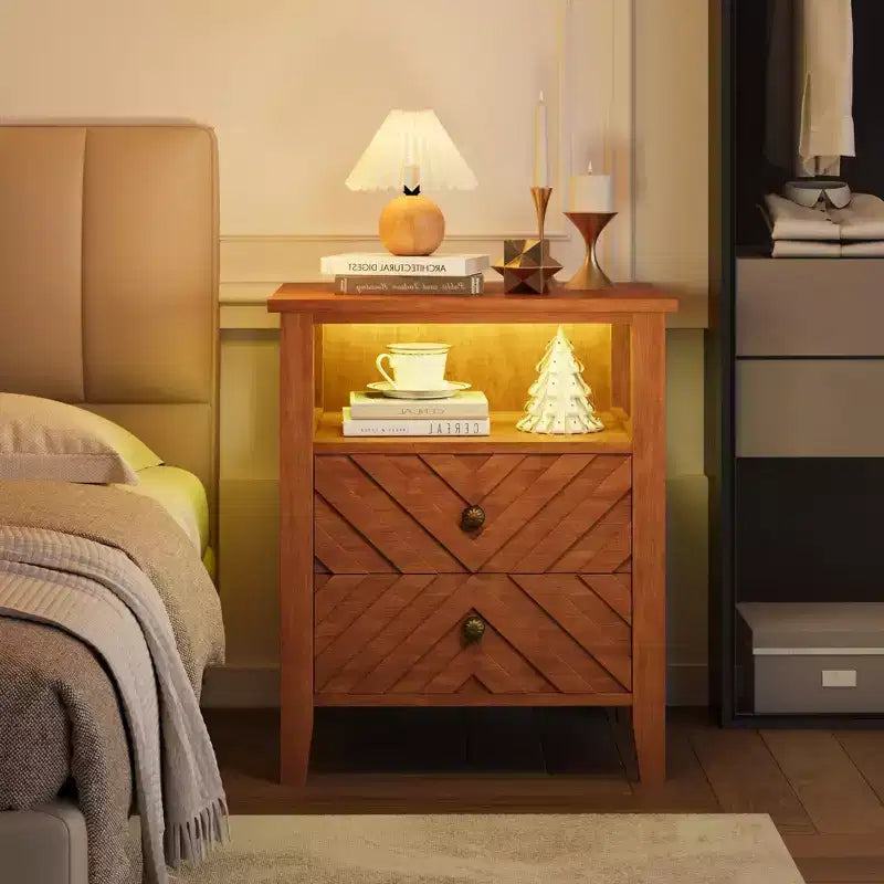 Comodino da Fattoria Marrone/Bianco con LED RGB, 2 Cassetti e Ripiano Aperto, 1 Persona