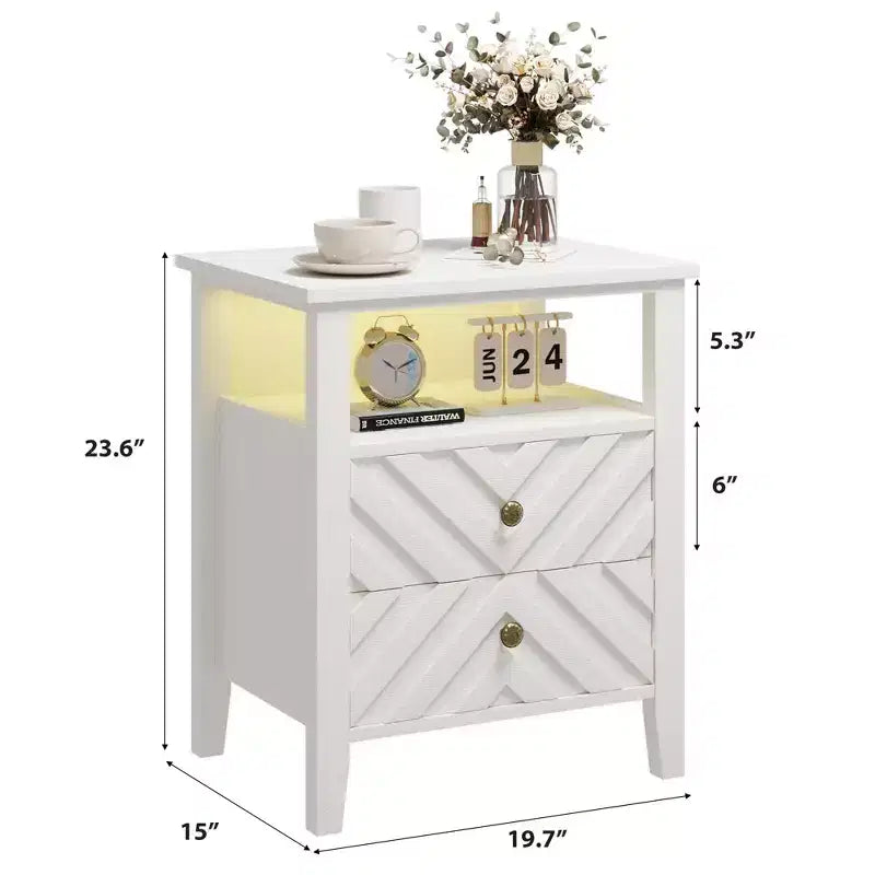 Comodino da Fattoria Marrone/Bianco con LED RGB, 2 Cassetti e Ripiano Aperto, 1 Persona