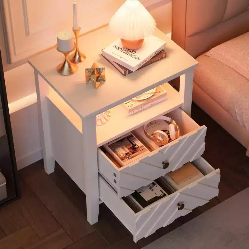 Comodino da Fattoria Marrone/Bianco con LED RGB, 2 Cassetti e Ripiano Aperto, 1 Persona