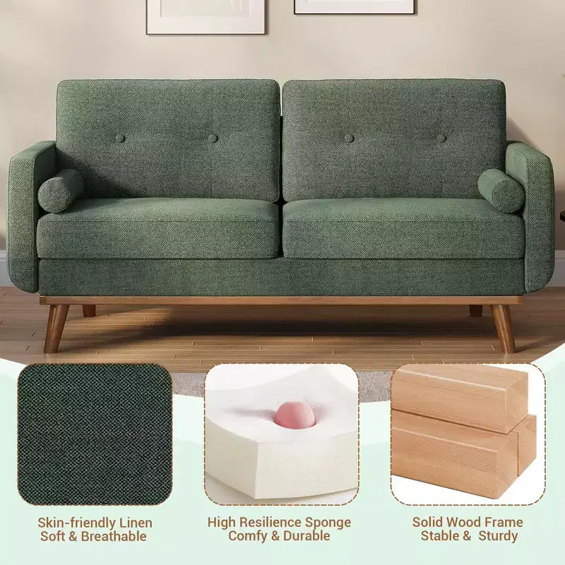 Divanetto in lino capitonné | 2 posti | Verde / Grigio / Bianco sporco
