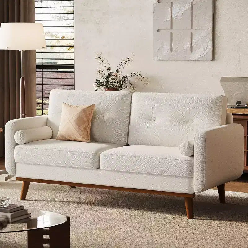 Divanetto in lino capitonné | 2 posti | Verde / Grigio / Bianco sporco