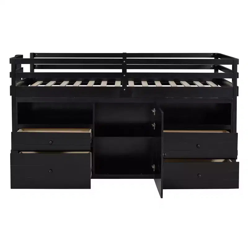 Letto a soppalco basso singolo per bambini con cassetti, armadio e mensole – Espresso / Grigio / Bianco