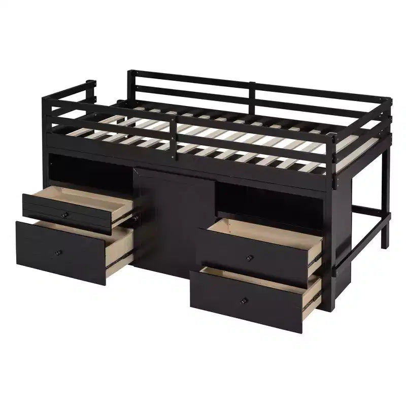 Letto a soppalco basso singolo per bambini con cassetti, armadio e mensole – Espresso / Grigio / Bianco