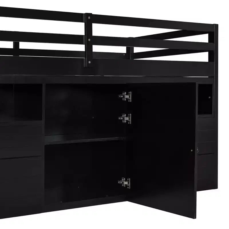 Letto a soppalco basso singolo per bambini con cassetti, armadio e mensole – Espresso / Grigio / Bianco