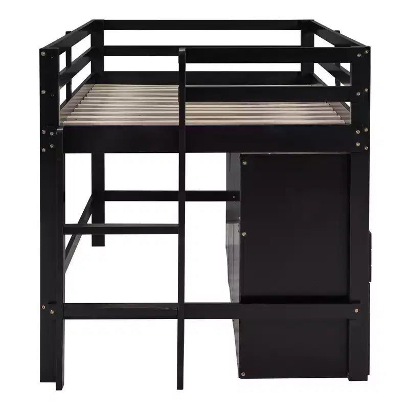 Letto a soppalco basso singolo per bambini con cassetti, armadio e mensole – Espresso / Grigio / Bianco