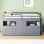 Letto a soppalco basso singolo per bambini con cassetti, armadio e mensole – Espresso / Grigio / Bianco