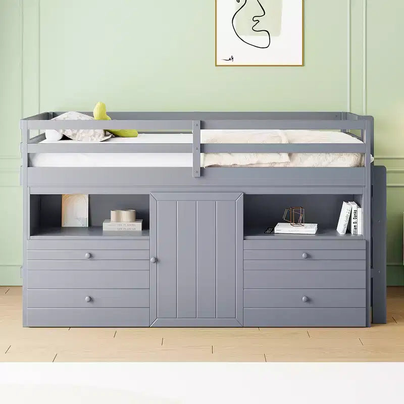 Letto a soppalco basso singolo per bambini con cassetti, armadio e mensole – Espresso / Grigio / Bianco