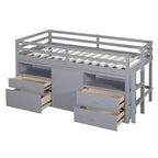 Letto a soppalco basso singolo per bambini con cassetti, armadio e mensole – Espresso / Grigio / Bianco