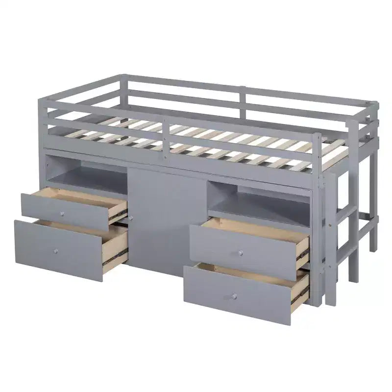 Letto a soppalco basso singolo per bambini con cassetti, armadio e mensole – Espresso / Grigio / Bianco