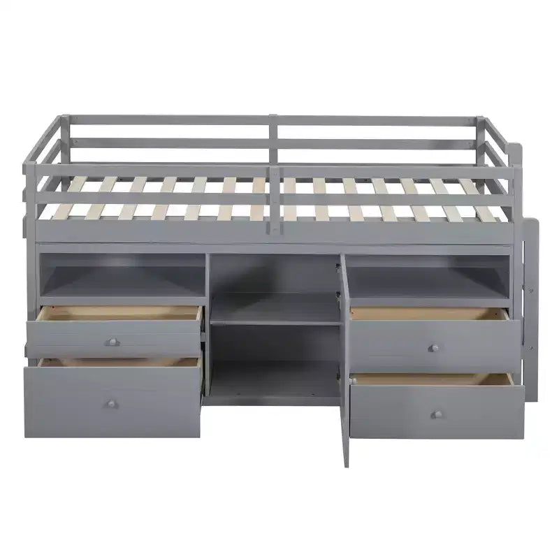 Letto a soppalco basso singolo per bambini con cassetti, armadio e mensole – Espresso / Grigio / Bianco