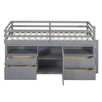 Letto a soppalco basso singolo per bambini con cassetti, armadio e mensole – Espresso / Grigio / Bianco