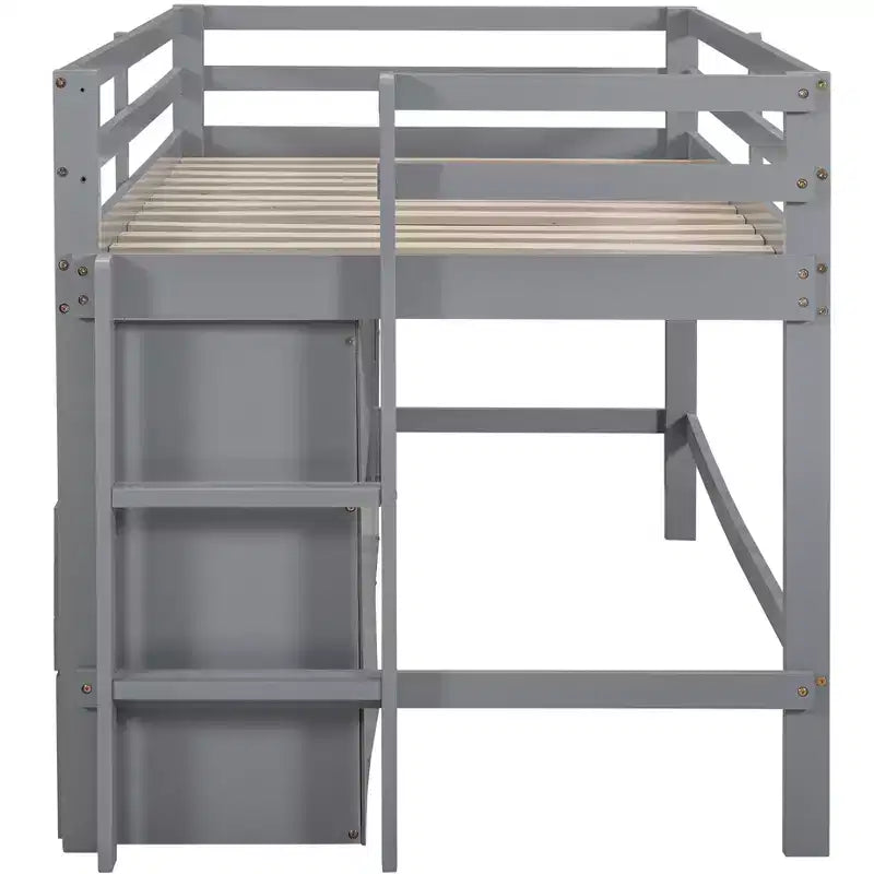 Letto a soppalco basso singolo per bambini con cassetti, armadio e mensole – Espresso / Grigio / Bianco