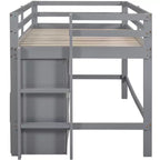 Letto a soppalco basso singolo per bambini con cassetti, armadio e mensole – Espresso / Grigio / Bianco